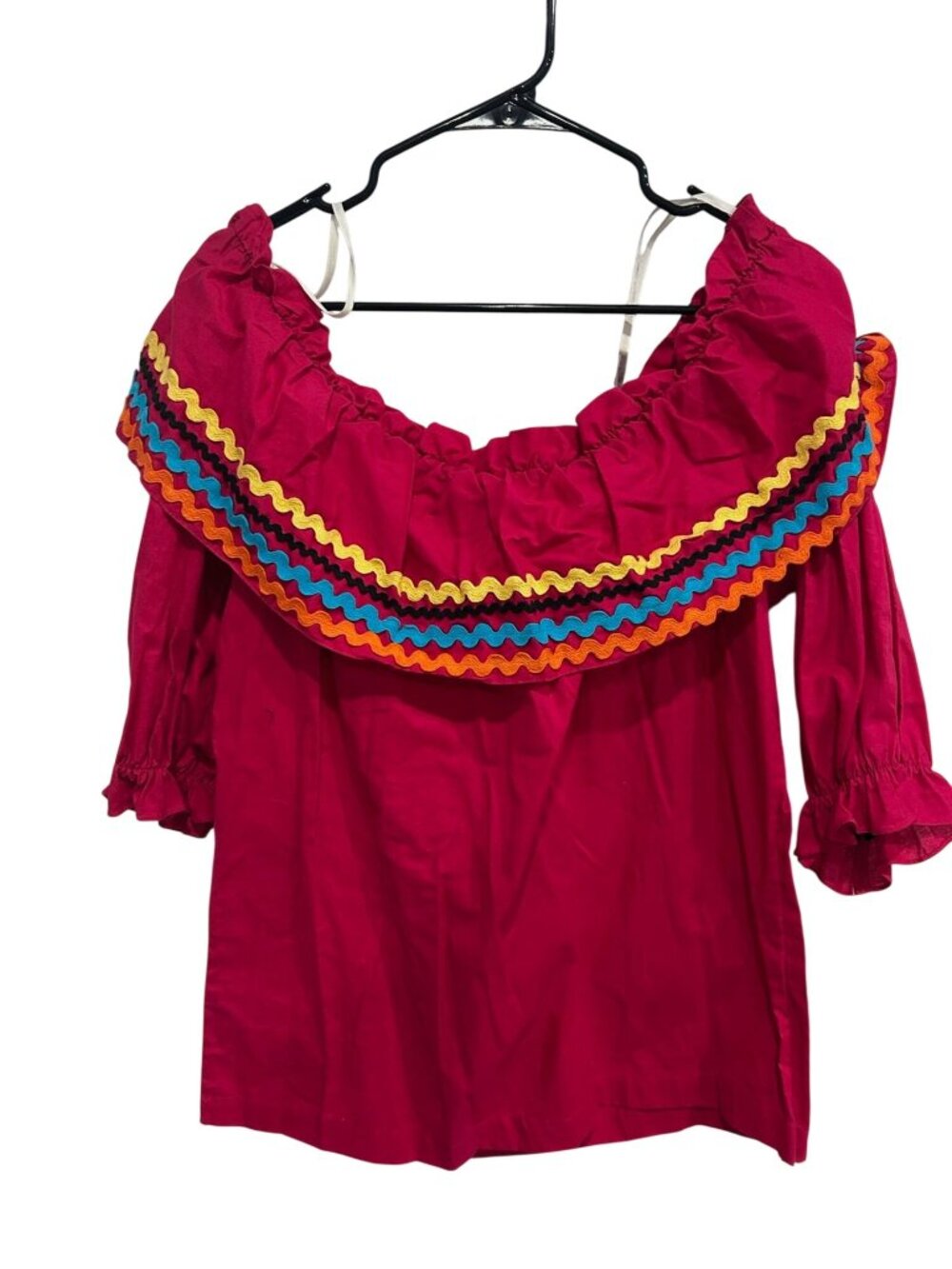 Tanzerina! Medium Red Off-Shoulder Peasant Blouse Multicolor Ruffle Trim Kitschy